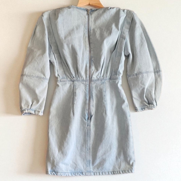 Zara Light Blue Pleated Denim Mini Dress Elbow Length Puff balloon Sleeves - Picture 6 of 16